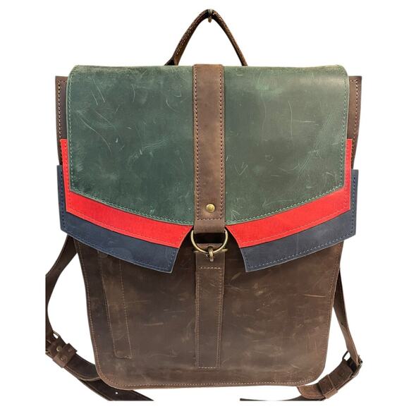 Leather Handmade Backpack Laptop Flap Closure Adjustable Clasp Unisex Brown - Picture 4 of 16